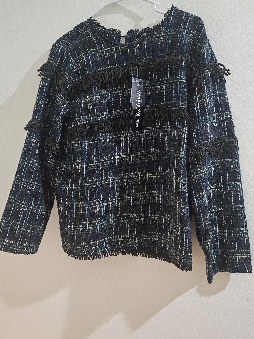 NWT Wendy WILLIAMS Large  Black and Blue Tweed Fringe Shirt